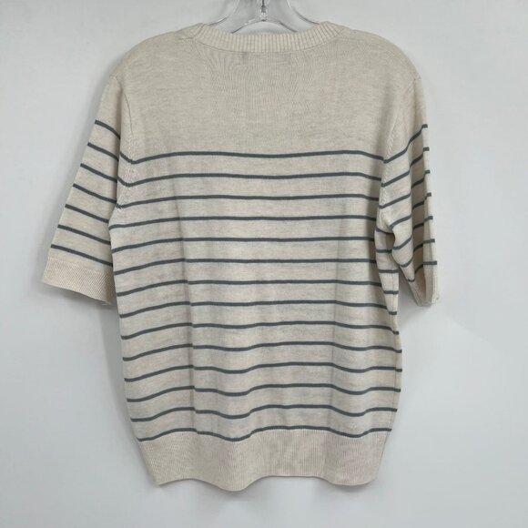 Nyland Cream & Blue Knit Striped Short Sleeve Sweater | Size M - Picture 5 of 9